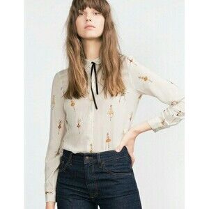 Zara Basic Ballerina Print Velvet Tie-Back Whimsical Blouse Size M Made in Spain